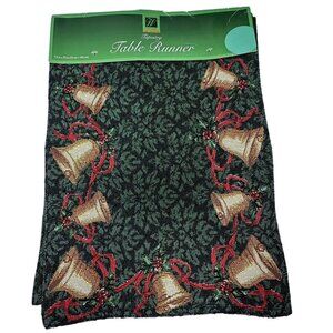 Christmas Bells Woven Tapestry Table Runner 13" x 72" Windham Home Green Gold